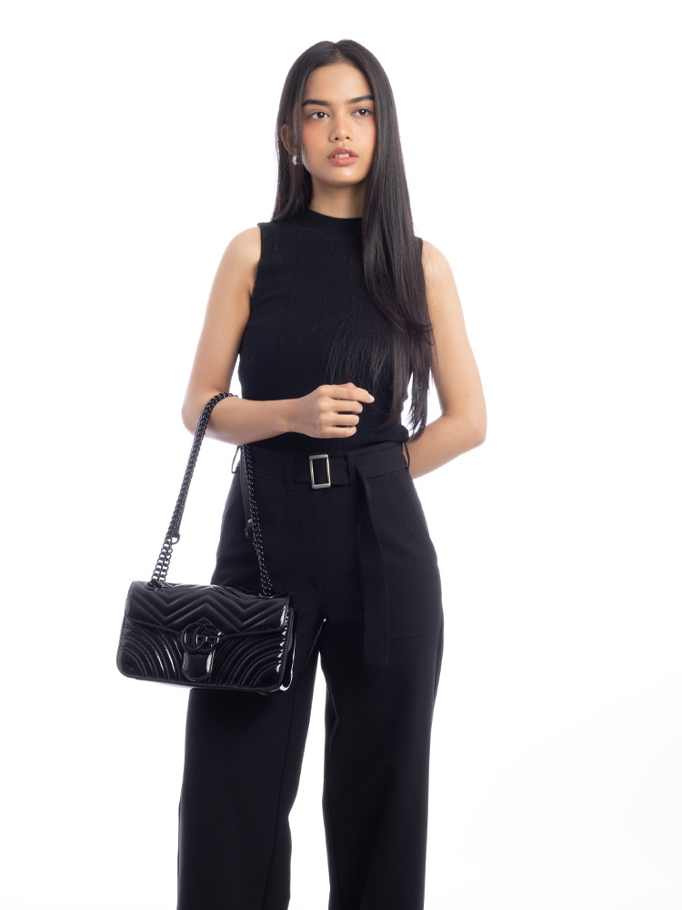 Patent Lambskin GG Marmont Matelasse Small Flap Shoulder Bag Black