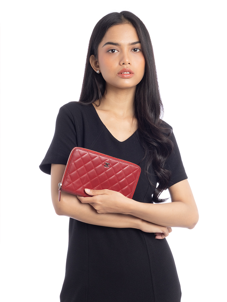 Lambskin Large Organizer Zip Wallet Red