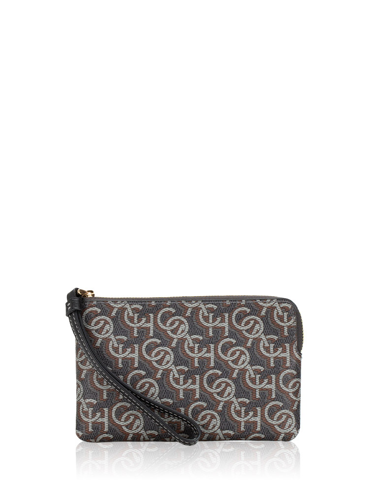 CF548 Monogram Print Corner Zip Wristlet Black