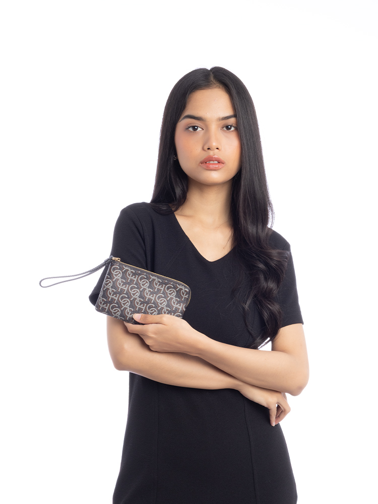 CF548 Monogram Print Corner Zip Wristlet Black