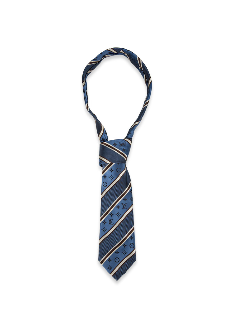 Monogram Stripe Silk Neck Tie Blue