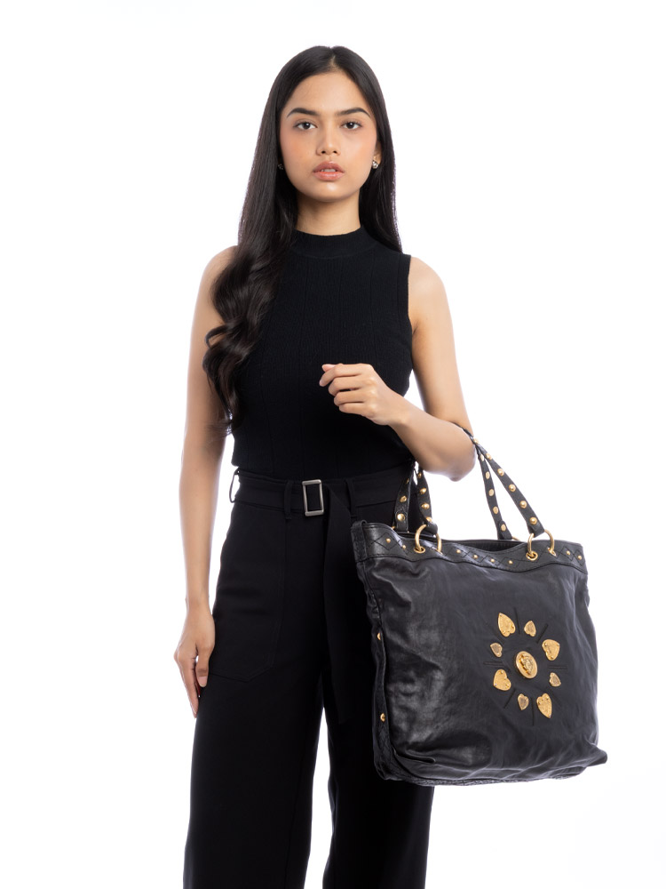 Calfskin Studded Irina Large Tote Black