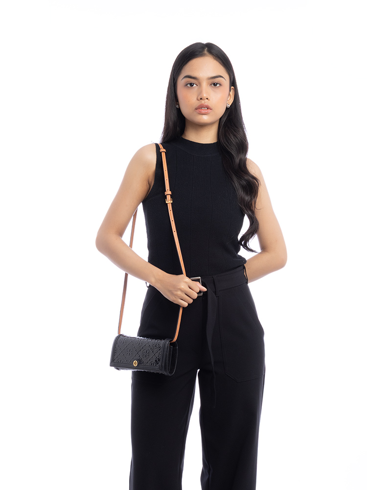 T Monogram Patent Embossed Wallet Crossbody Black