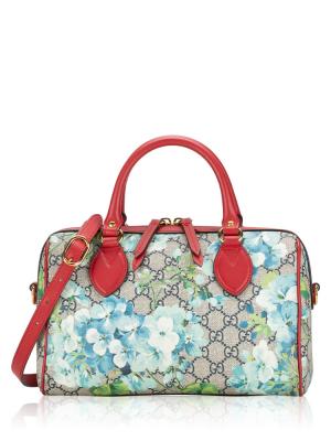 GG Supreme Blooms Small Boston Bag with Strap Blue Hibiscus Red