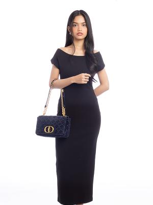 Velvet Cannage Caro Medium Shoulder Bag Blue