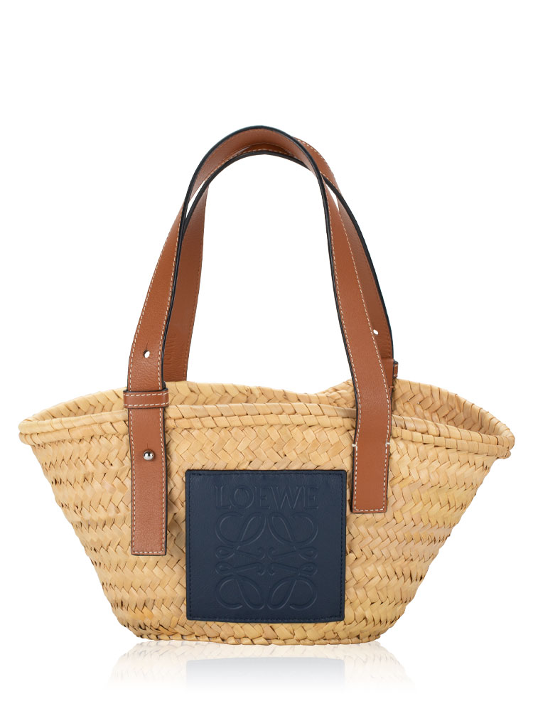 Palm Leaf Calfskin Small Basket Natural Tan Blue