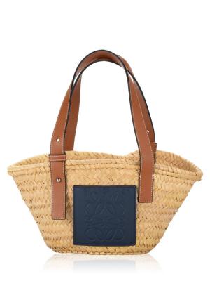 Palm Leaf Calfskin Small Basket Natural Tan Blue