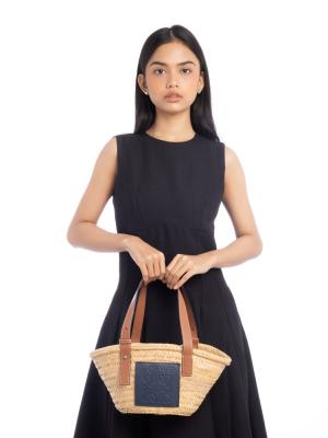 Palm Leaf Calfskin Small Basket Natural Tan Blue