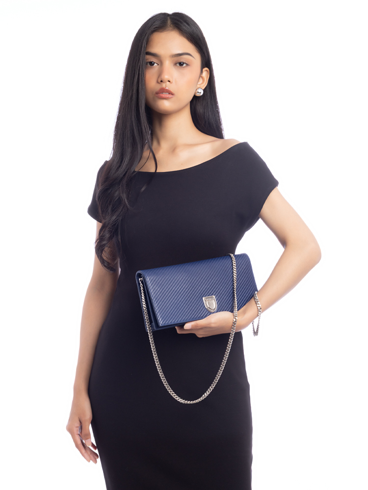 Lambskin Pleated Diorama Chain Clutch Navy