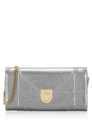 Metallic Grained Calfskin Diorama Chain Wallet Silver