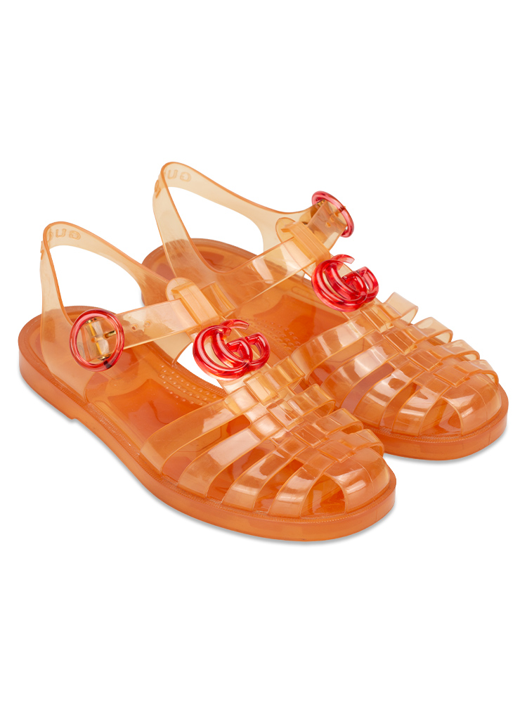 Shiny Rubber Double G Buckle Strap Sandals Deep Coral Sz 36