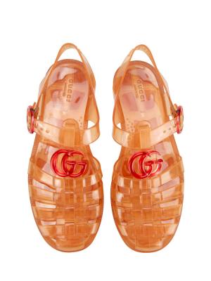 Shiny Rubber Double G Buckle Strap Sandals Deep Coral Sz 36