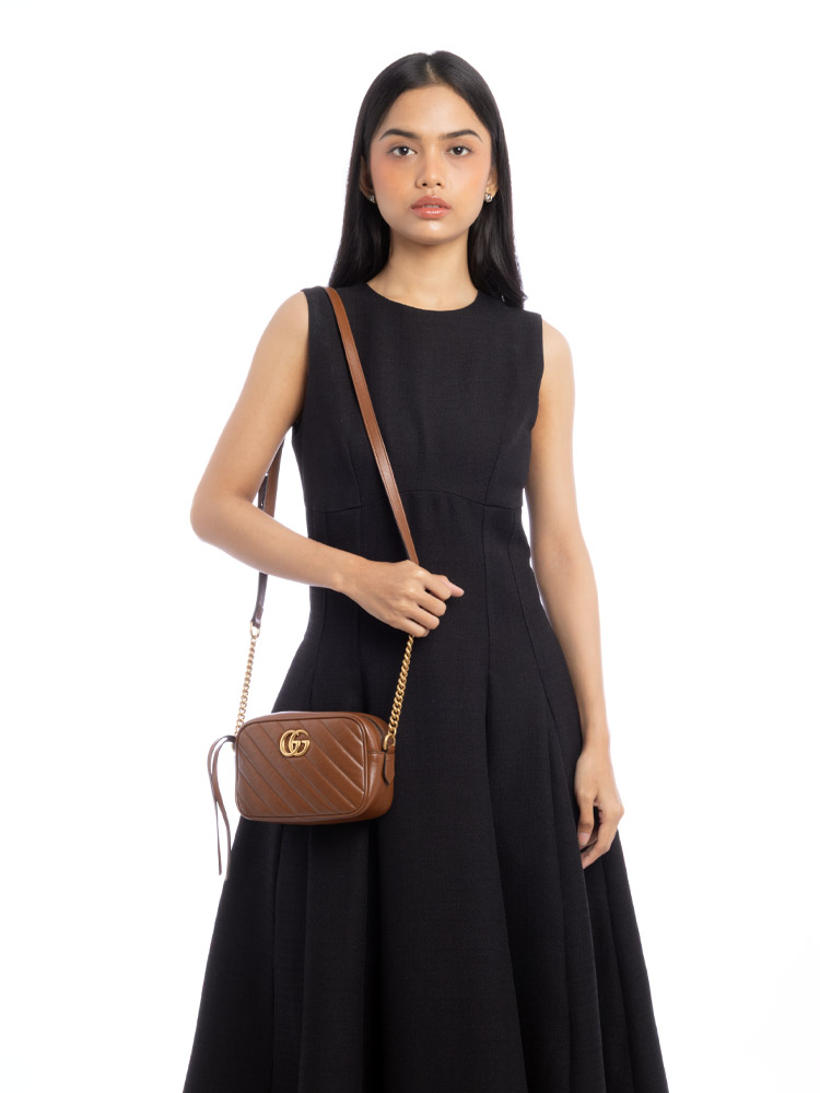 Glazed Calfskin Diagonal GG Marmont Mini Camera Bag Cuir