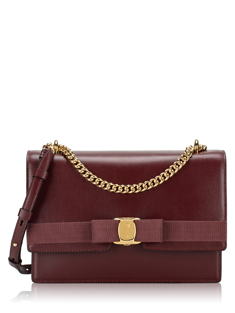 Calfskin Vara Bow FL Chain Shoulder Bag Nebbiolo