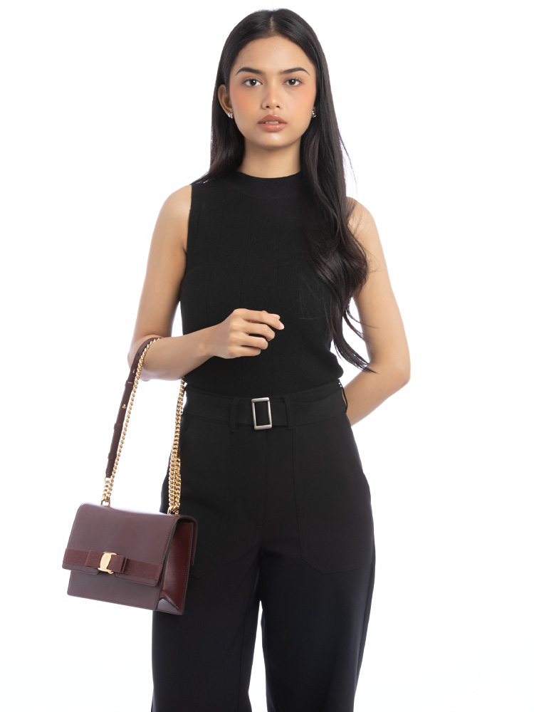 Calfskin Vara Bow FL Chain Shoulder Bag Nebbiolo