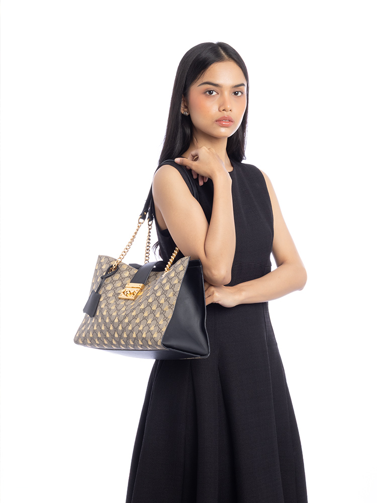 GG Supreme Bees Padlock Small Tote Beige Oro Black