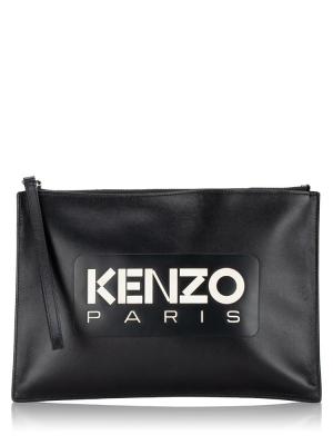 Paris Logo Patch Leather Large Clutch Bag Black
