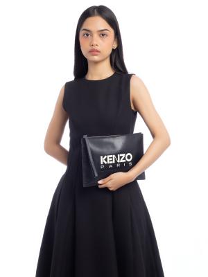 Paris Logo Patch Leather Large Clutch Bag Black