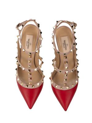 Calfskin Rockstud Ankle Strap 100mm Pumps Red Sz 37