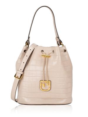 Croc Embossed Dalia Small Bucket Bag Beige