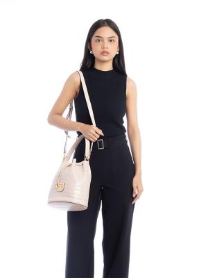 Croc Embossed Dalia Small Bucket Bag Beige