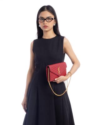 Grain De Poudre Matelasse Monogram 22cm Chain Wallet Red