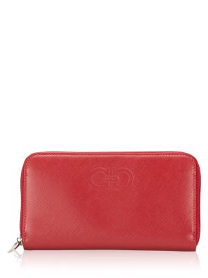 Calfskin Double Gancini Zip Wallet Red