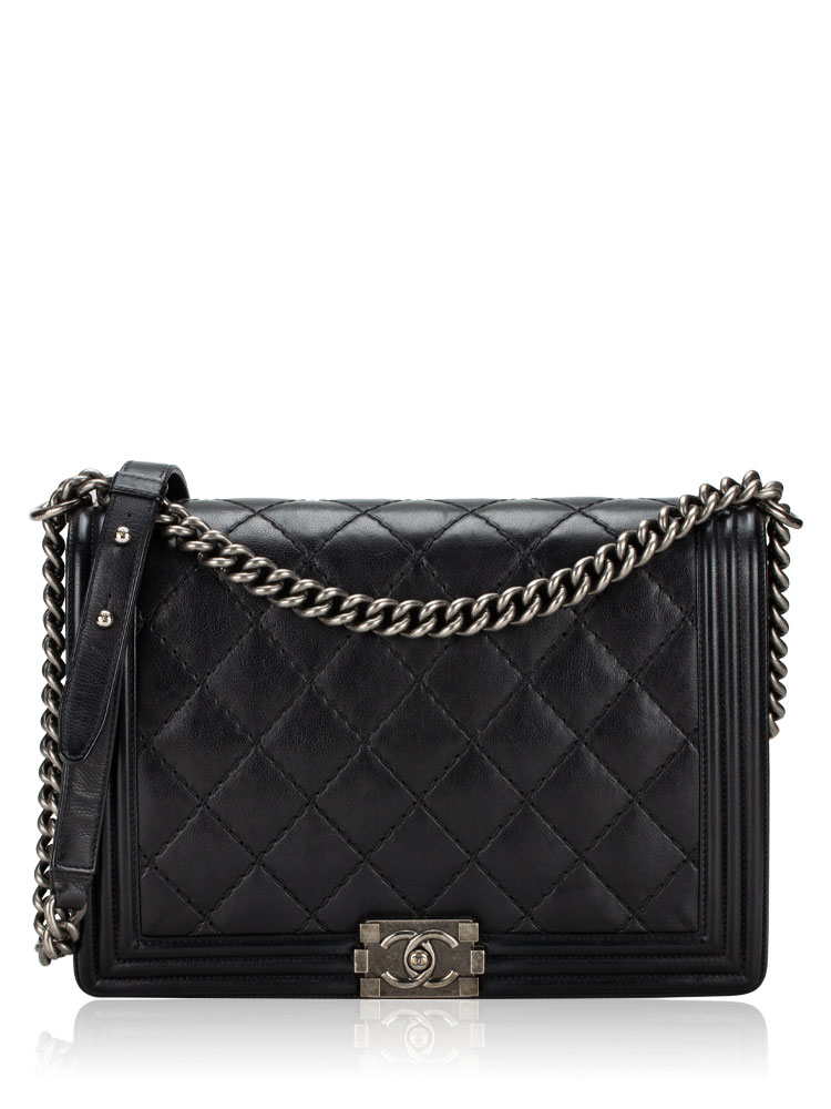 Calfskin Boy Wild Stitch Large Flap Bag Black