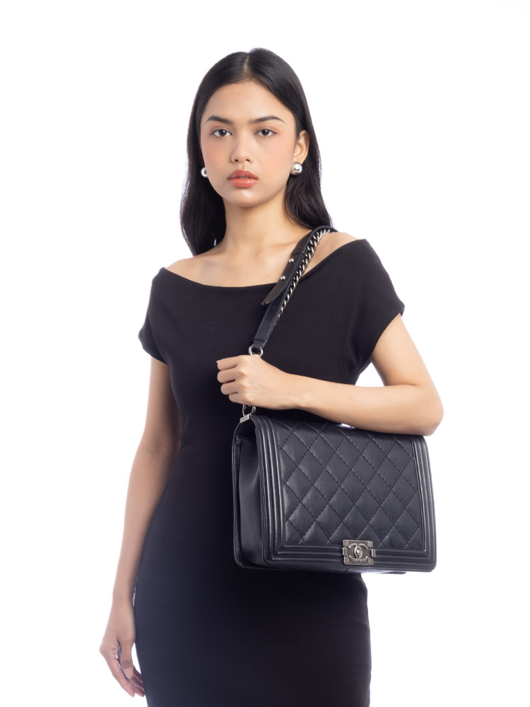 Calfskin Boy Wild Stitch Large Flap Bag Black