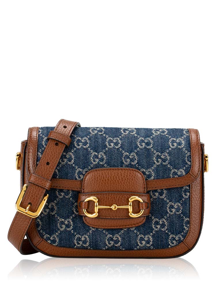 New GG Denim Web Horsebit 1955 Mini Shoulder Bag Blue Tea Cuir