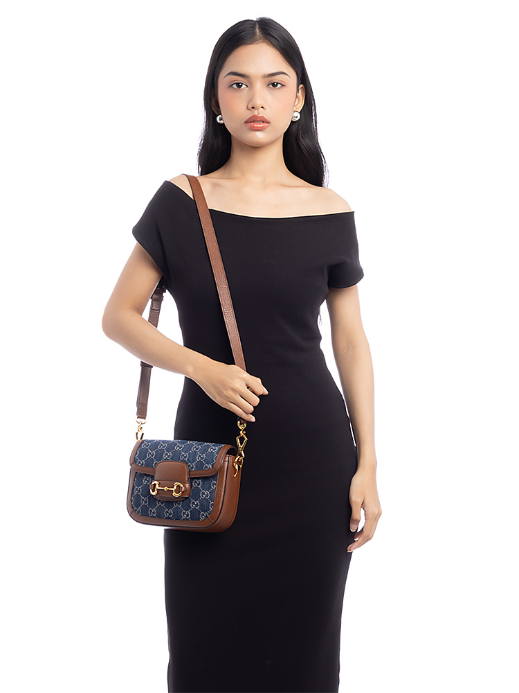 New GG Denim Web Horsebit 1955 Mini Shoulder Bag Blue Tea Cuir