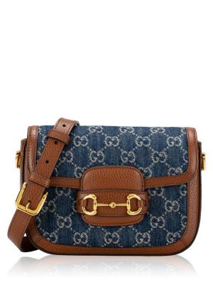 New GG Denim Web Horsebit 1955 Mini Shoulder Bag Blue Tea Cuir
