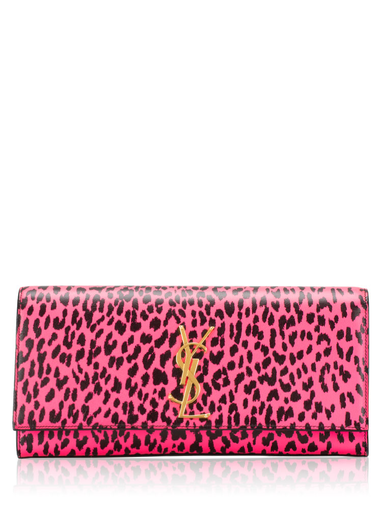 Leopard Print Leather Monogram Cassandre Clutch Neon Pink
