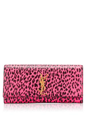 Leopard Print Leather Monogram Cassandre Clutch Neon Pink