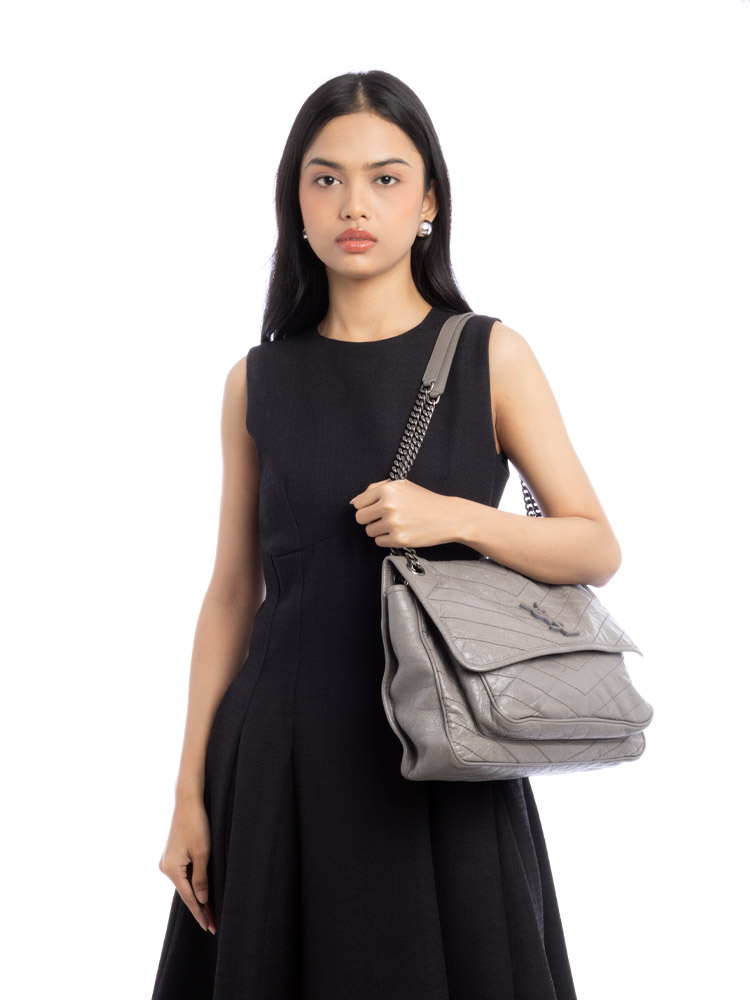 Crinkled Calfskin Matelasse Monogram Niki Large Shoulder Bag Grey