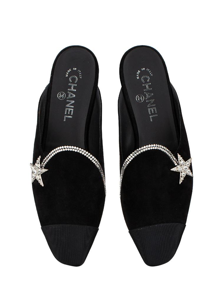 Suede Grosgrain Crystal CC Star Mules Black Sz 40