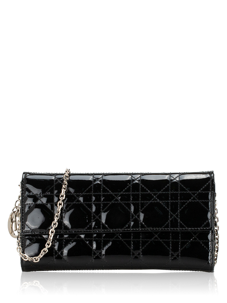 Patent Cannage Lady Dior Rendezvous Chain Wallet Black