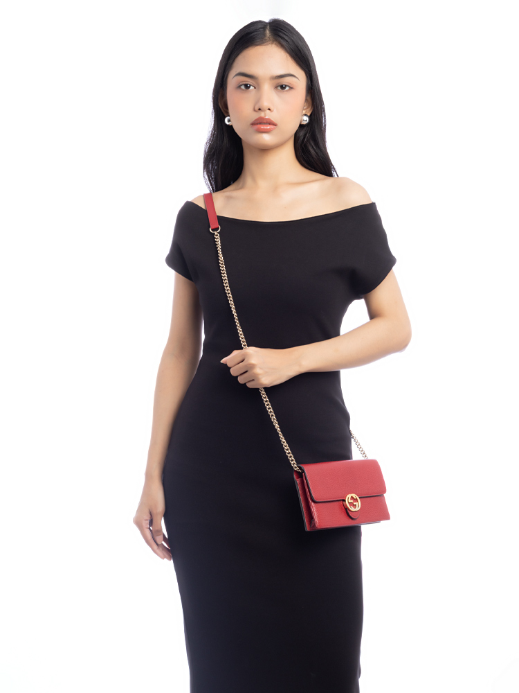 Dollar Calfskin Interlocking G Chain Wallet Red