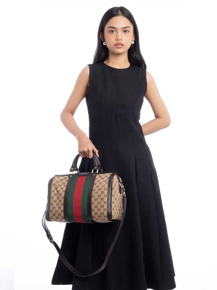 GG Canvas Vintage Web Boston Bag with Strap Beige Ebony