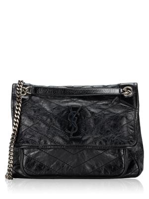 Crinkled Calfskin Matelasse Niki Medium Shoulder Bag Black