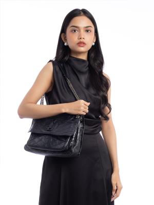 Crinkled Calfskin Matelasse Niki Medium Shoulder Bag Black