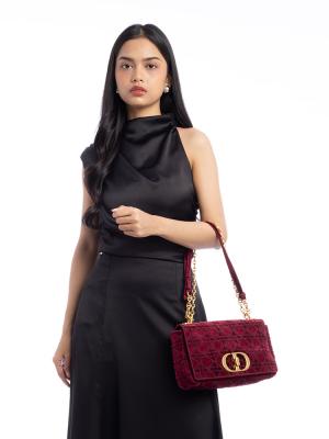 Velvet Cannage Caro Medium Shoulder Bag Red