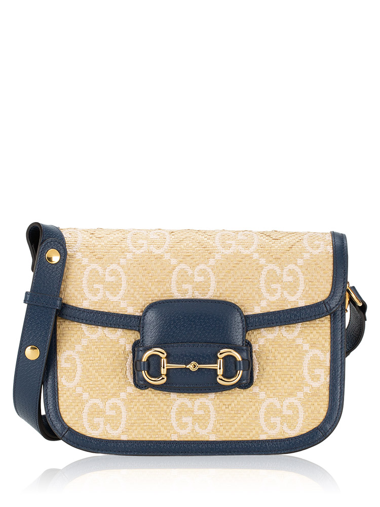 GG Raffia Horsebit 1955 Medium Shoulder Bag Blue Beige