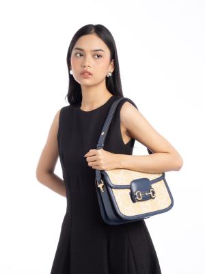 GG Raffia Horsebit 1955 Medium Shoulder Bag Blue Beige