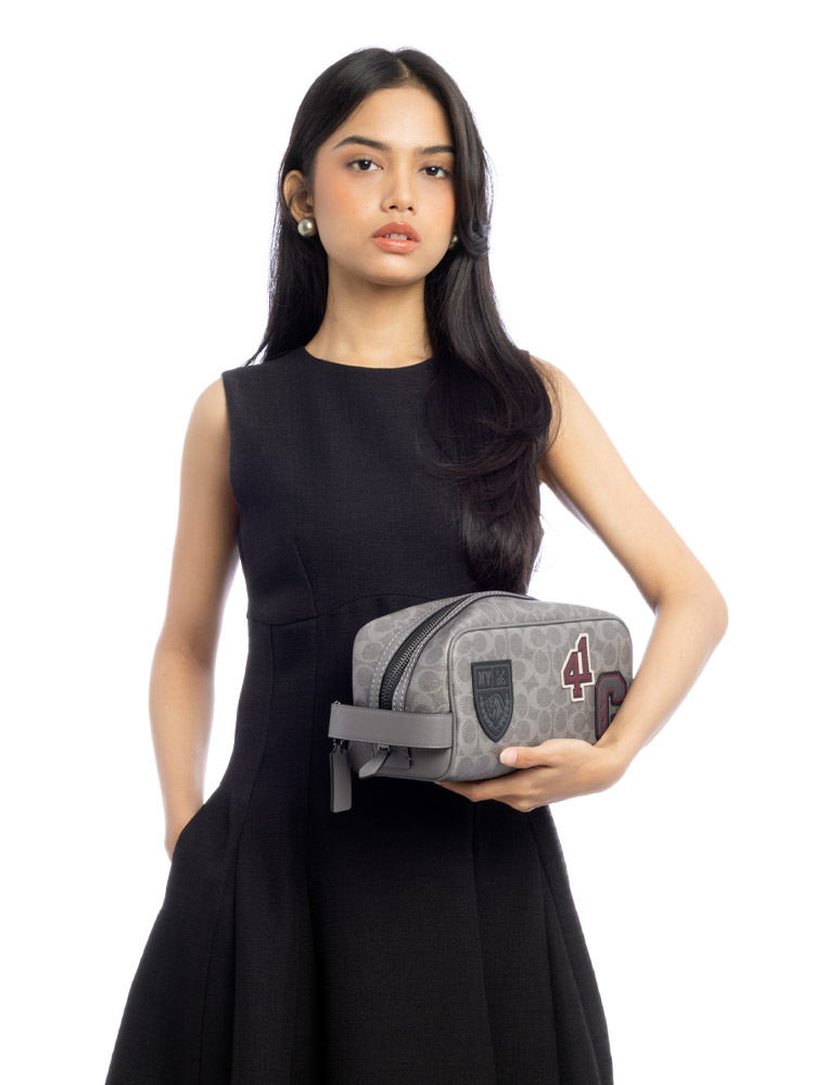 CCF36 Signature Canvas With Patches Large Travel Pouch Grey Multi