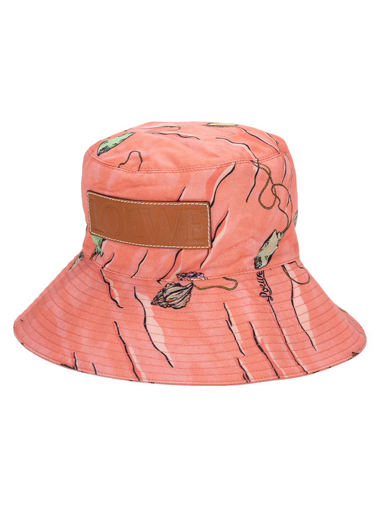 x Paula's Ibiza Shell Print Canvas Bucket Hat Coral Pink Sz 59