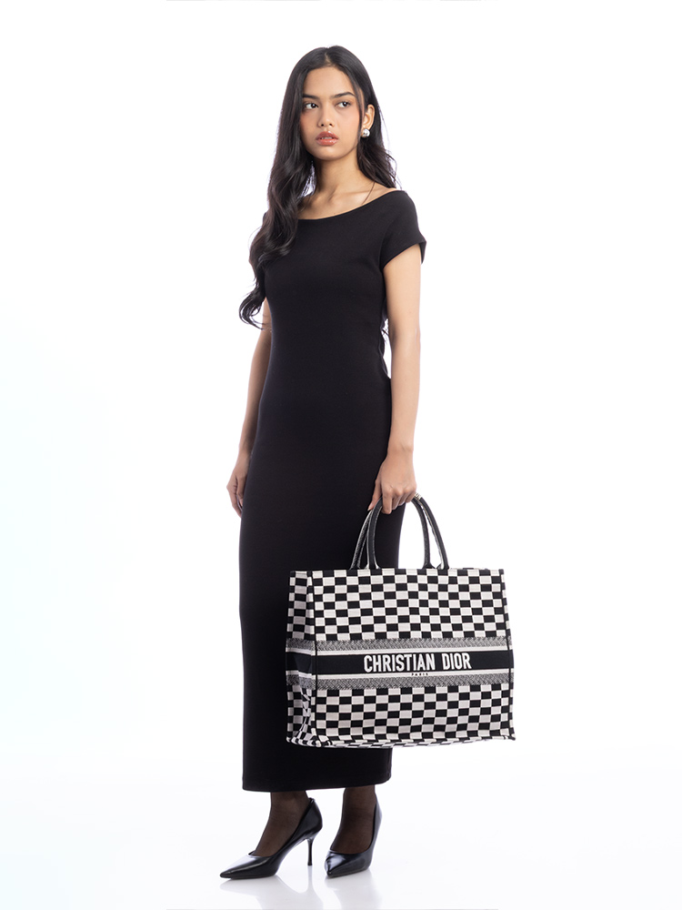Toile Checkered Large Book Tote Black White