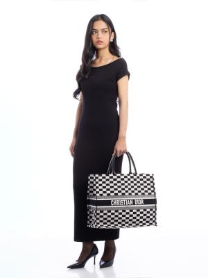 Toile Checkered Large Book Tote Black White