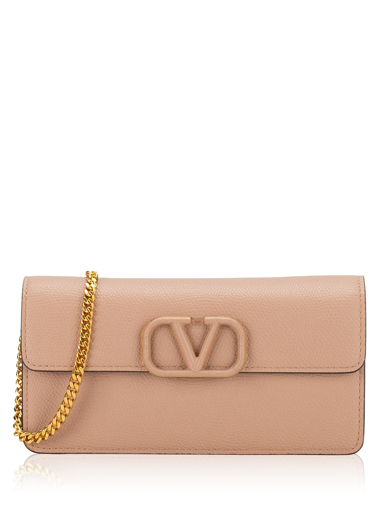 Grainy Calfskin Vlogo Chain Wallet Rose Cannelle