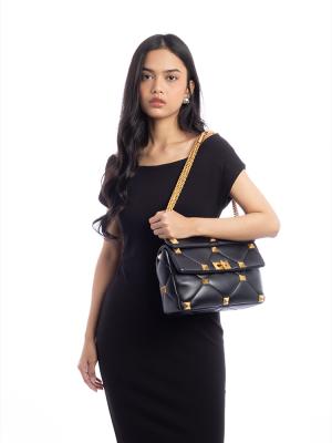 Nappa Roman Stud Large Shoulder Bag Black
